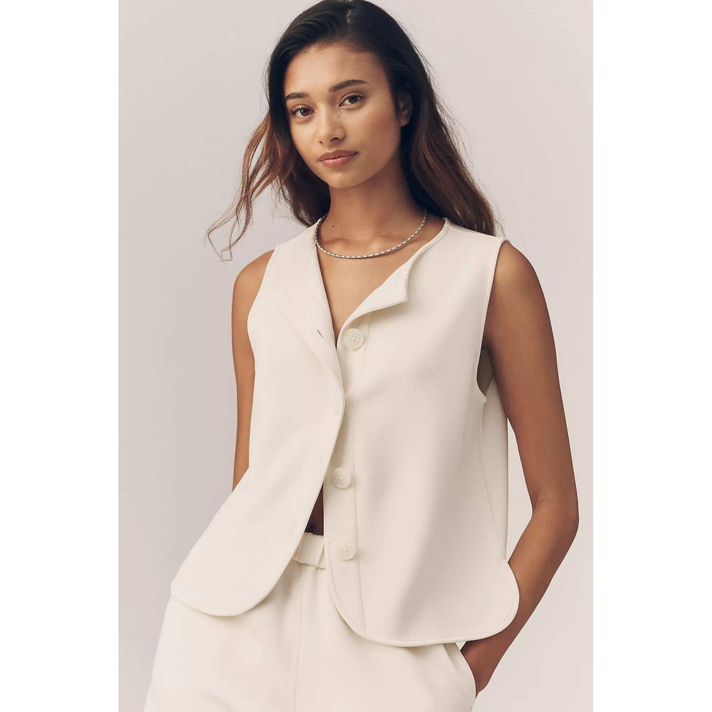 Varley Josie DoubleSoft Button Down Vest Ivory White Sleeveless Curved Hem Small